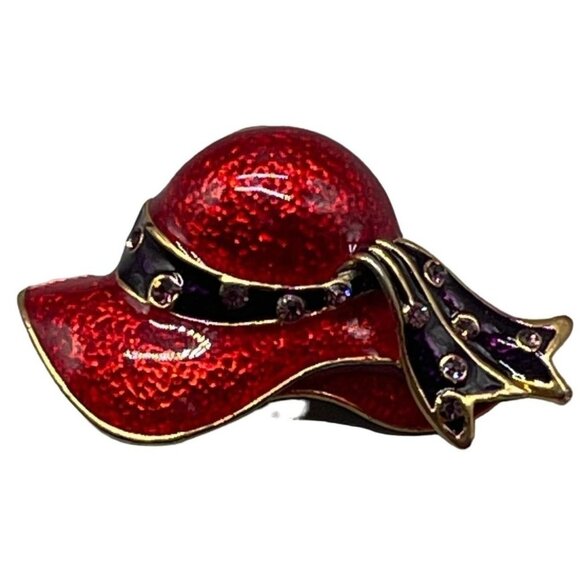 Costume Jewelry brooch red and black hat sparkling red gold trim 2" wide READ - Picture 1 of 6